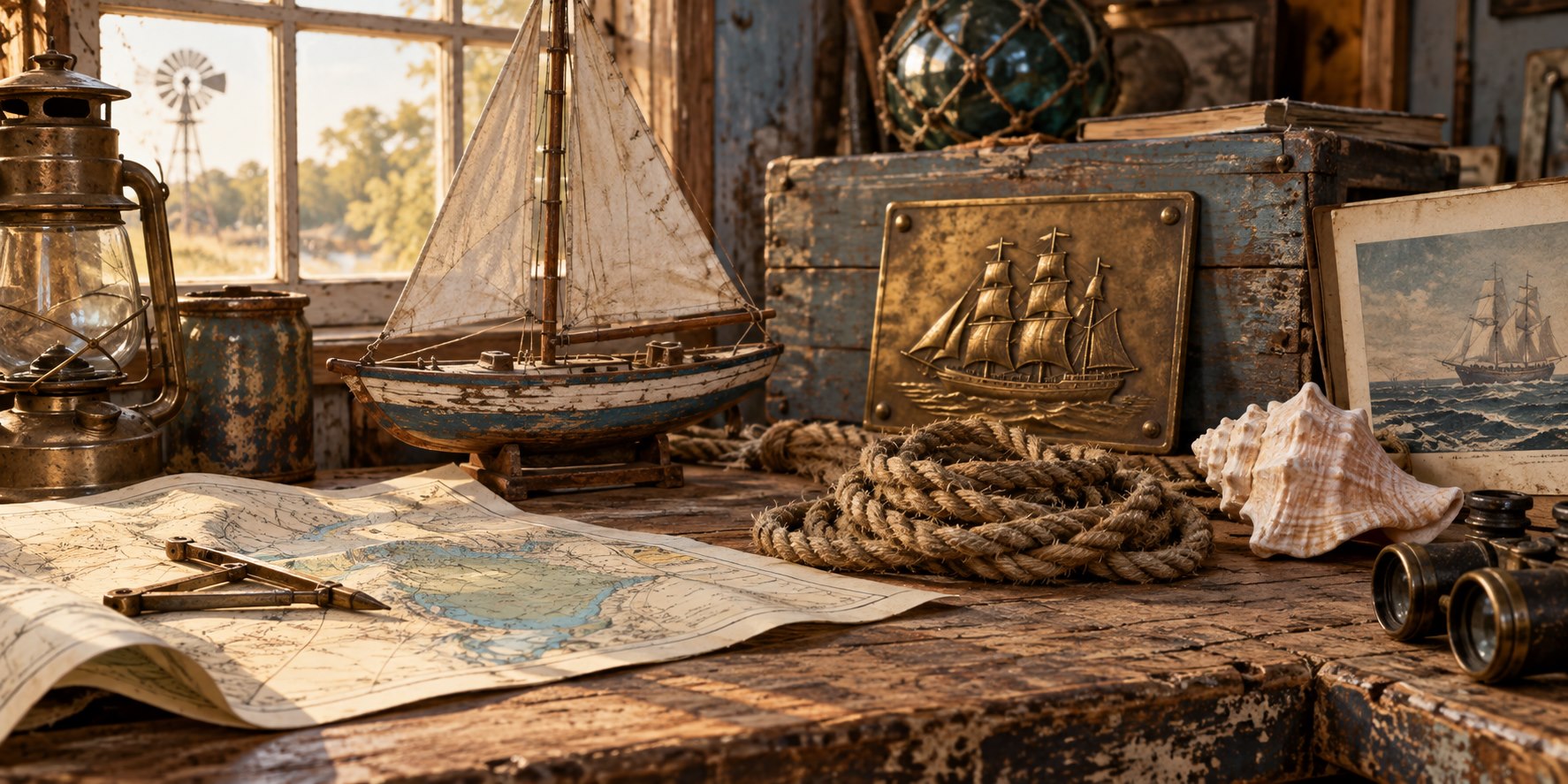 Editorial illustration of a model sailboat, brass ship plaque, old rope, chart, shell, and maritime print on a weathered workbench
