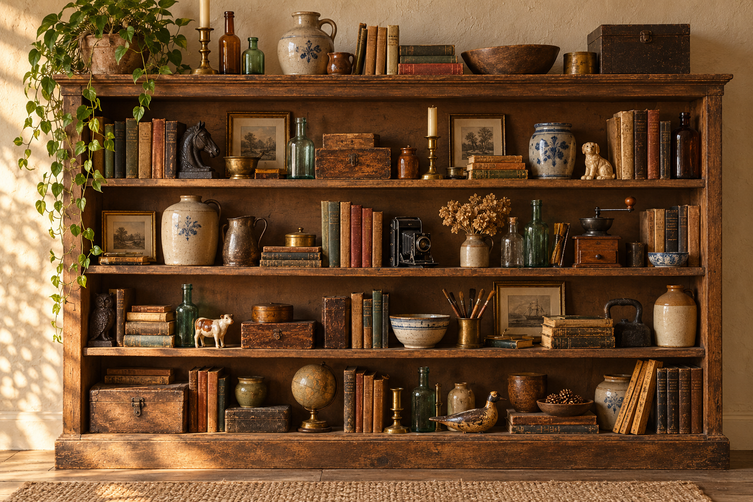 Editorial illustration of a large wooden shelving unit filled with collected vintage books, stoneware, glass bottles, brass, boxes, framed pictures, and other old finds