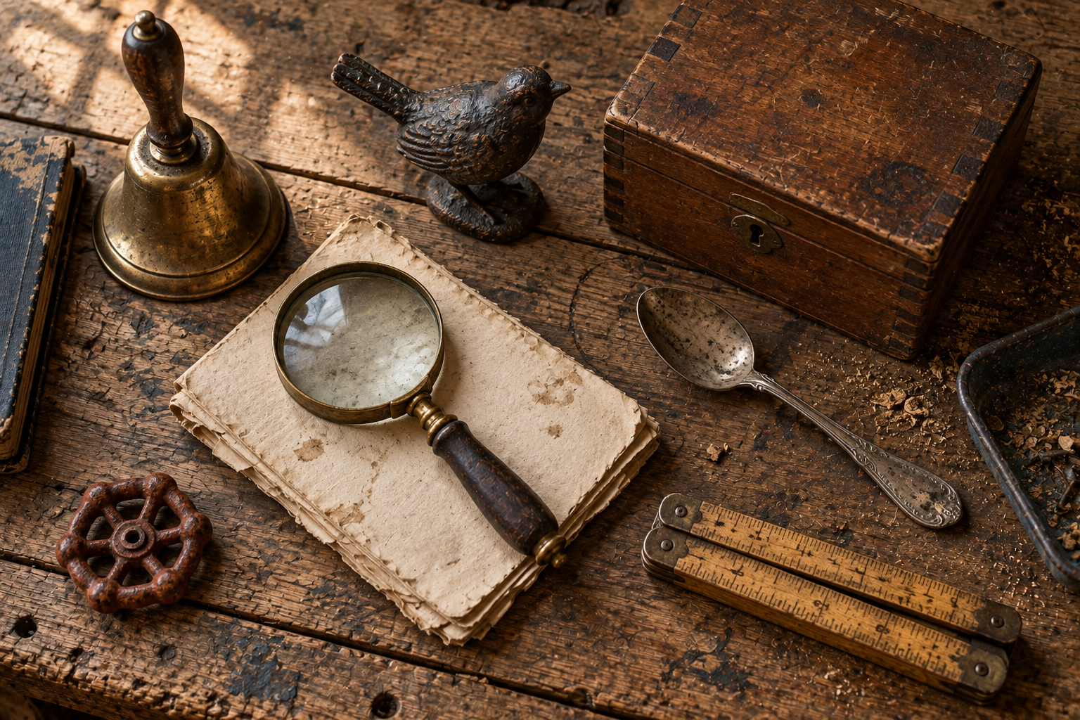 Overhead view of an aged brass bell, cast-iron bird, wooden box, magnifying glass, silver spoon, and folding ruler on a worn workbench