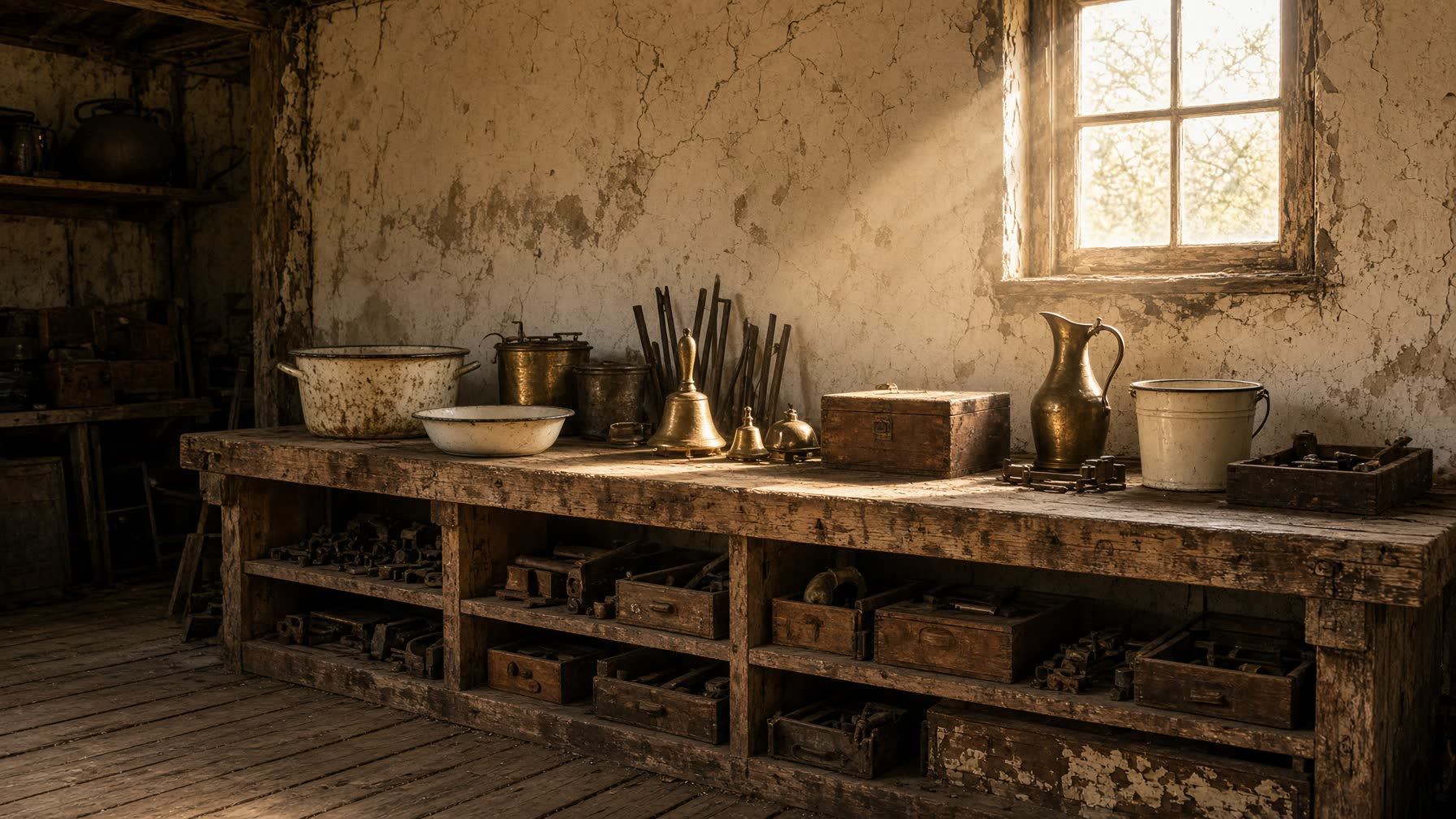 Sunlit salvage barn interior in Weatherford, Texas, with brass, enamelware, and cedar boxes on a pine workbench