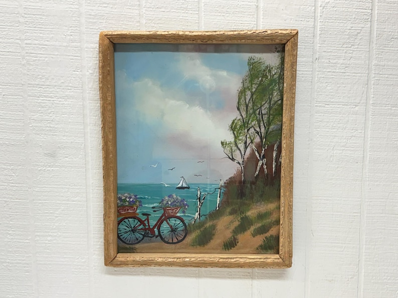 Framed vintage coastal beach scene painting