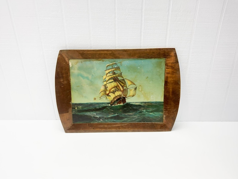 Vintage wood tray with a clipper ship decoupage image