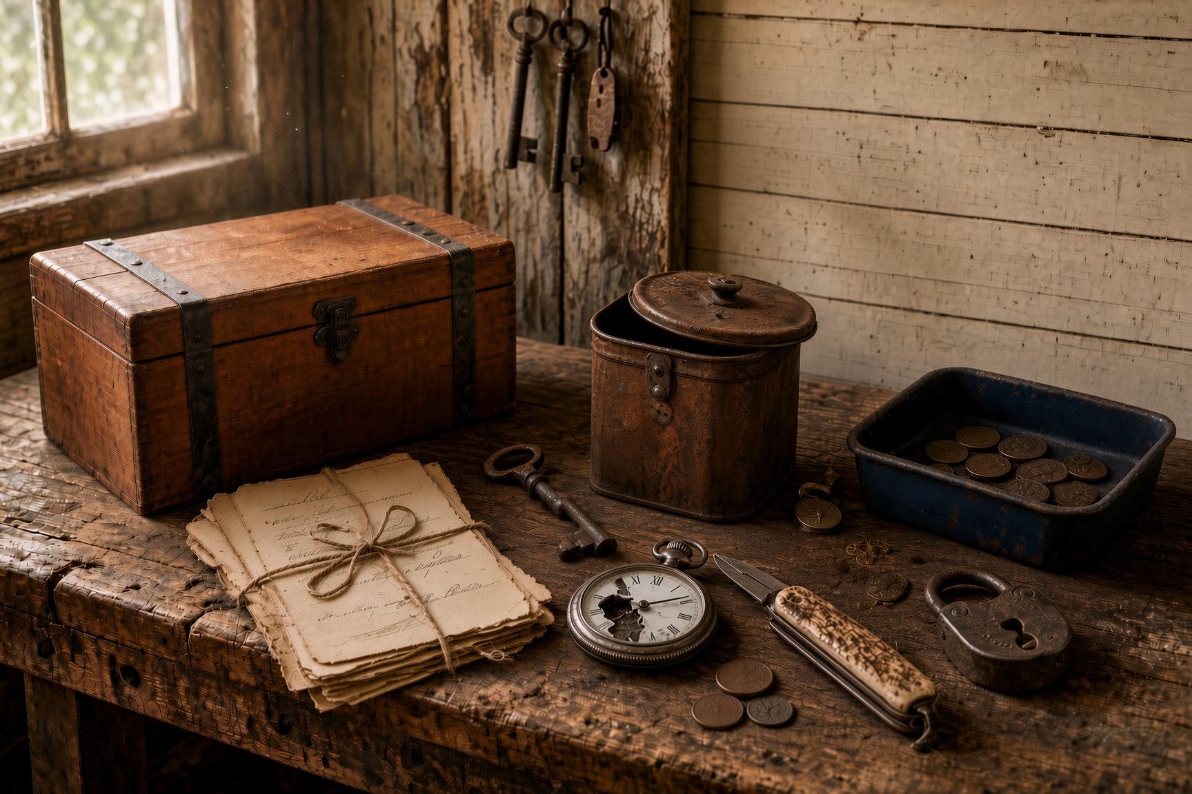 Weathered oak salvage workbench in Weatherford, Texas, crowded with vintage boxes, silver, and hanging keys