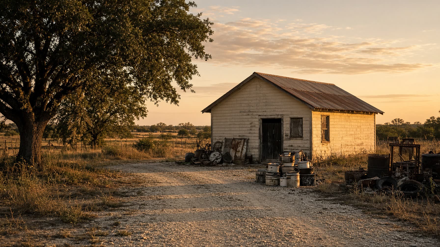 Golden hour barn and junkyard lot in Weatherford, North Texas